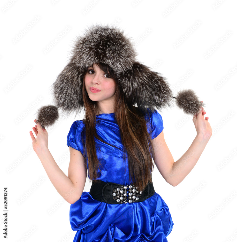 tricke and young lady in fur hat standing and holding pompons in tricke and young lady in fur hat standing and holding pompons in