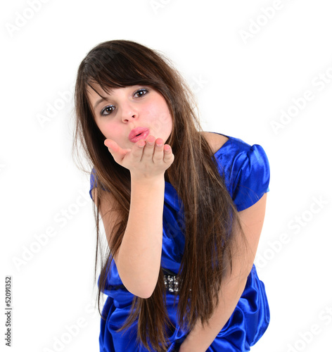 nice girl dressed in blue wending kiss to someone photo