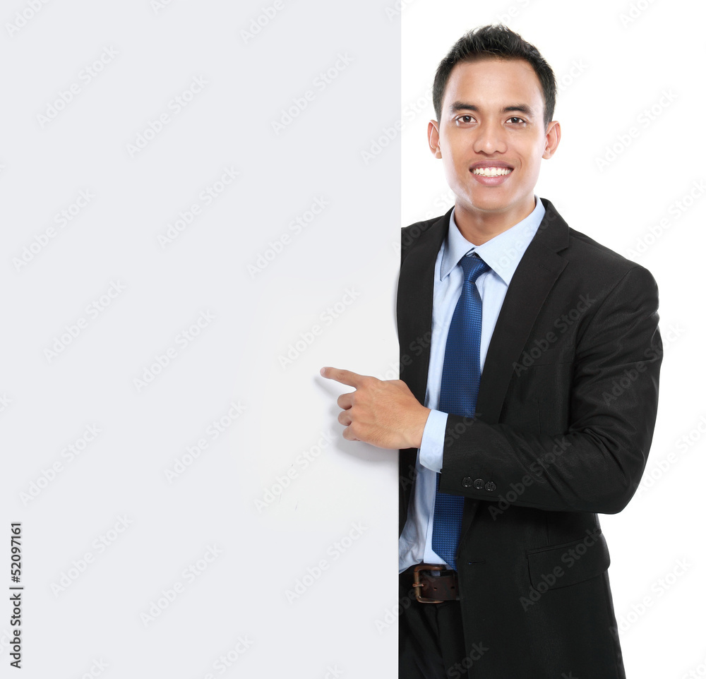 smiling asian business man holding empty board smiling asian business man holding empty board