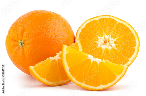 Cut orange fruit isolated on white background