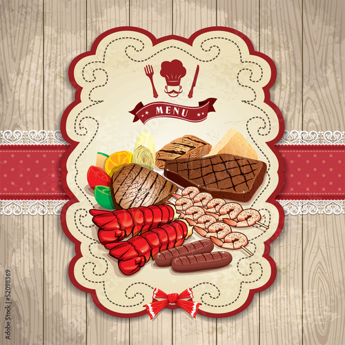 Vintage BBQ steak prawn robster label set template