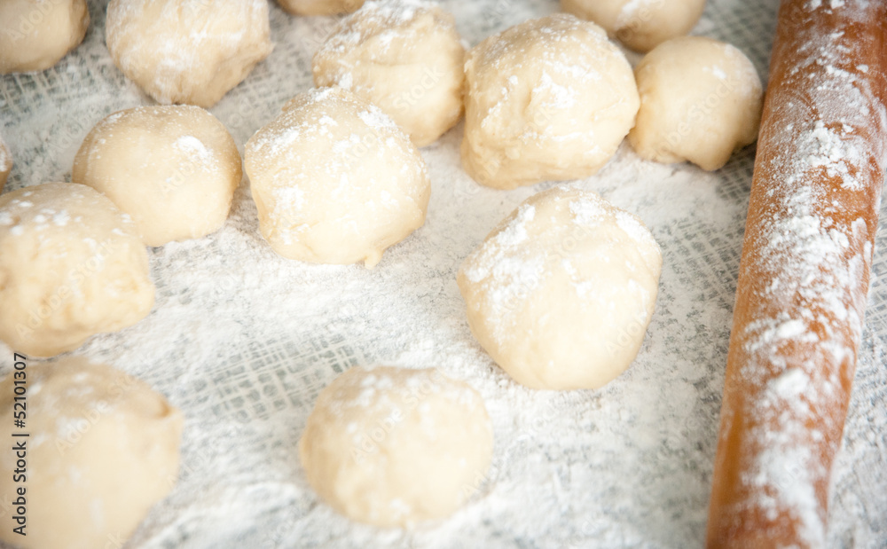 Prepared dough in ball shape on silver tray
