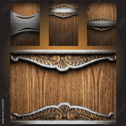 Vector metal on wood background set