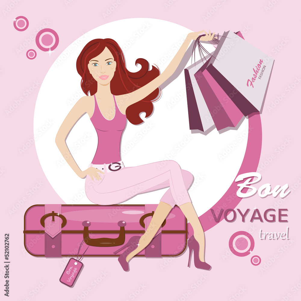 Beautiful young woman with travel bag and shopping bag. Beautiful young woman with travel bag and shopping bag.