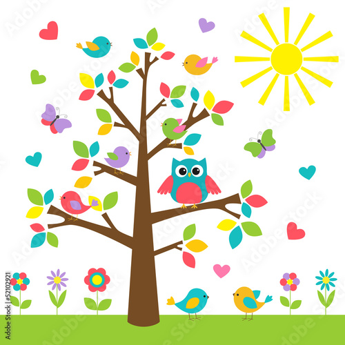 Colorful tree with cute owl and birds