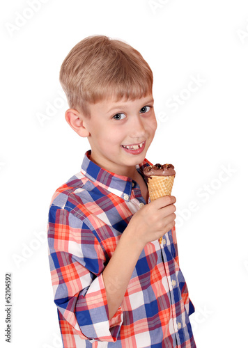 happy boy with ice cream on white