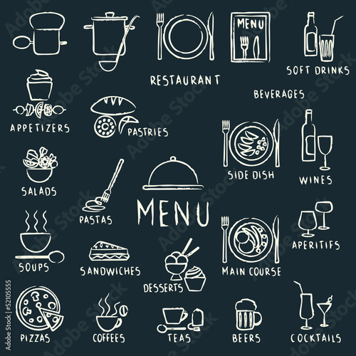 Chalk drawn restaurant menu design elements on blackboard #52105555