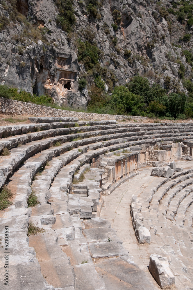 Ancient amphitheater and Lycian tombs in Myra (Turkey)