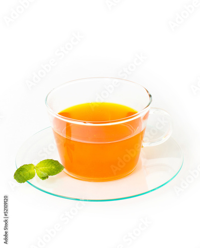 Tea with lemon and mint on white background