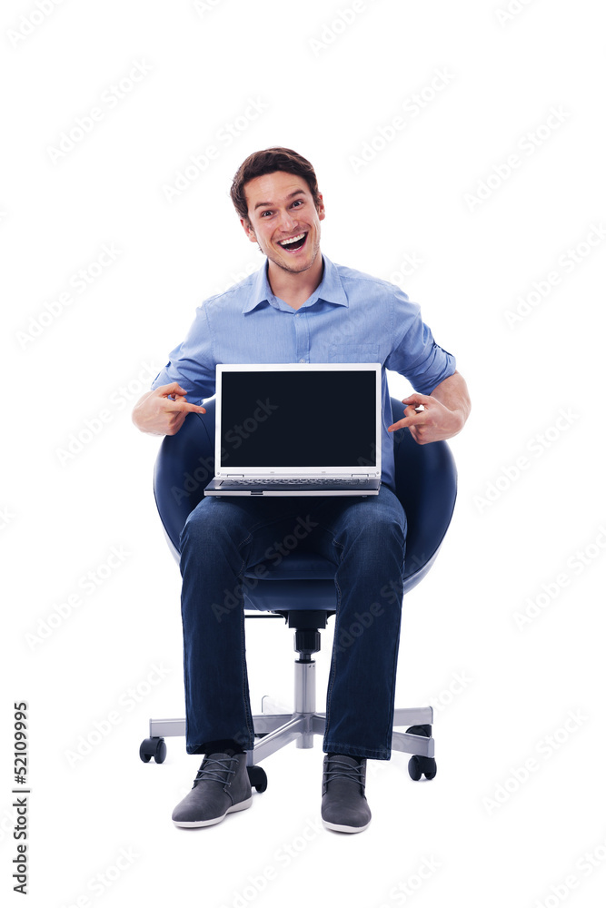 Surprised man pointing on laptop. Surprised man pointing on laptop.