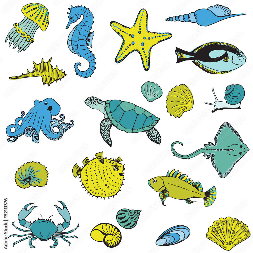 Obraz premium Sea life Animals - Hand drawn collection in vector