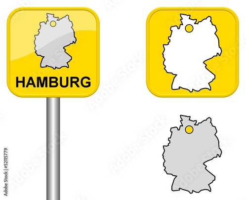 Hamburg - Ortsschild, Button und Deutschlandkarte
