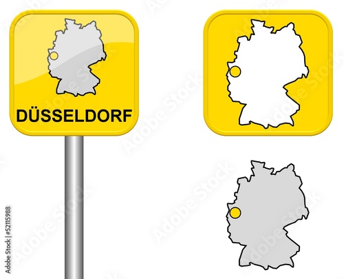 Düsseldorf - Ortsschild, Button und Deutschlandkarte