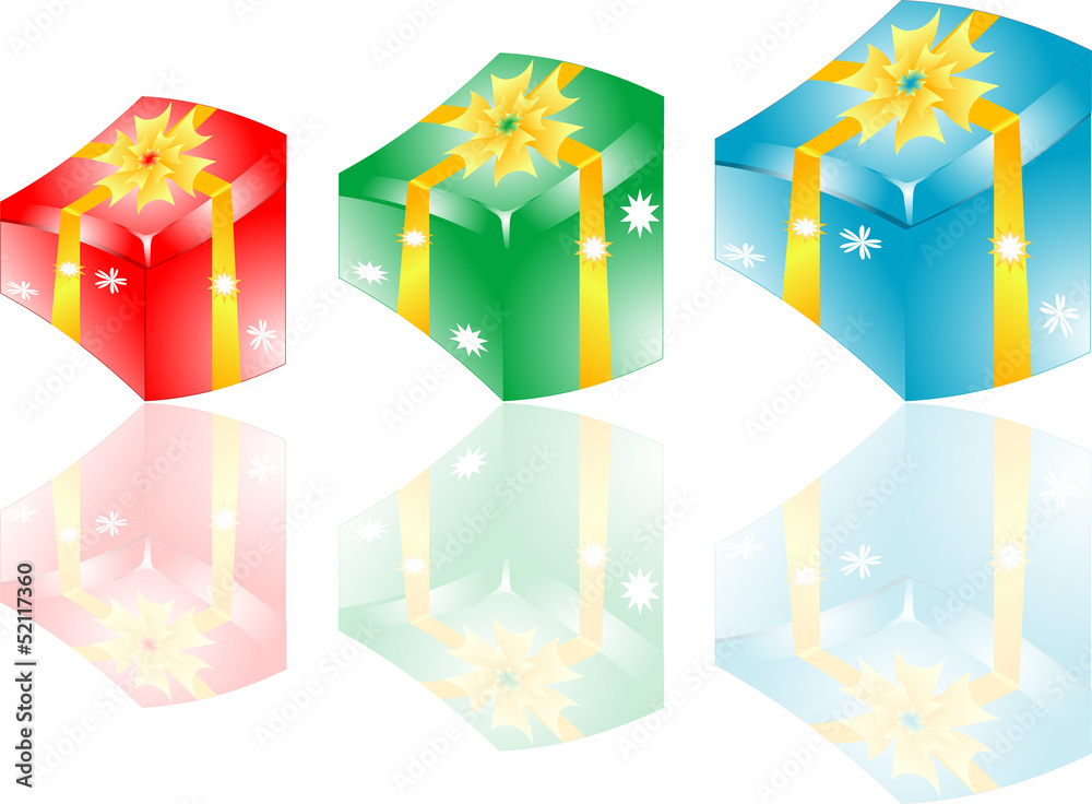 Gift box set with yellow ribbon on white background