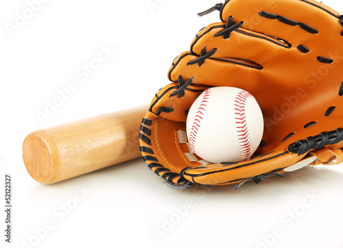 Baseball glove, bat and ball isolated on white