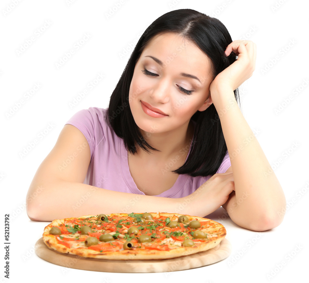 Beautiful girl wants to eat pizza isolated on white Beautiful girl wants to eat pizza isolated on white