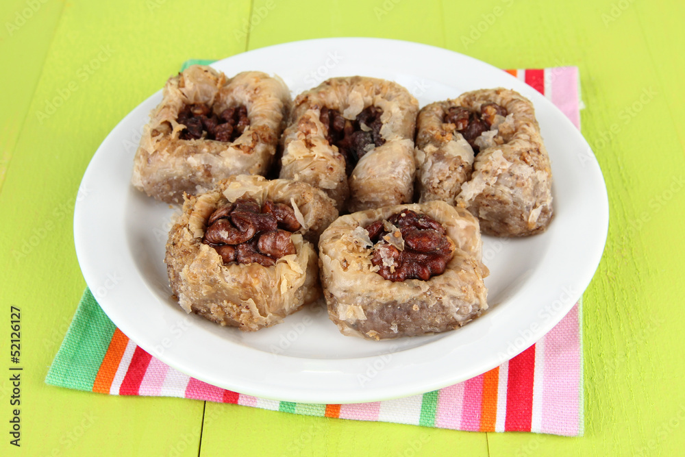 Sweet baklava on plate on table close-up Sweet baklava on plate on table close-up