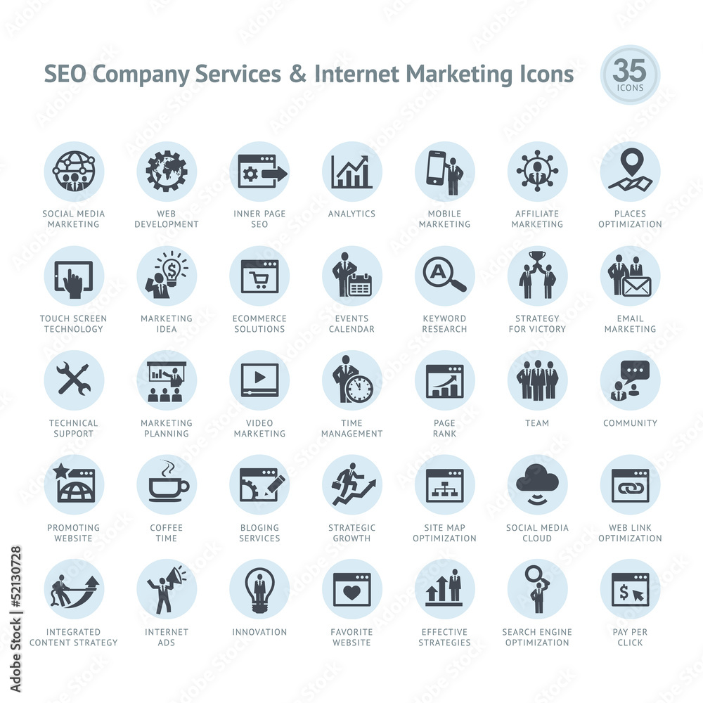 Set of SEO company service and Internet marketing icons