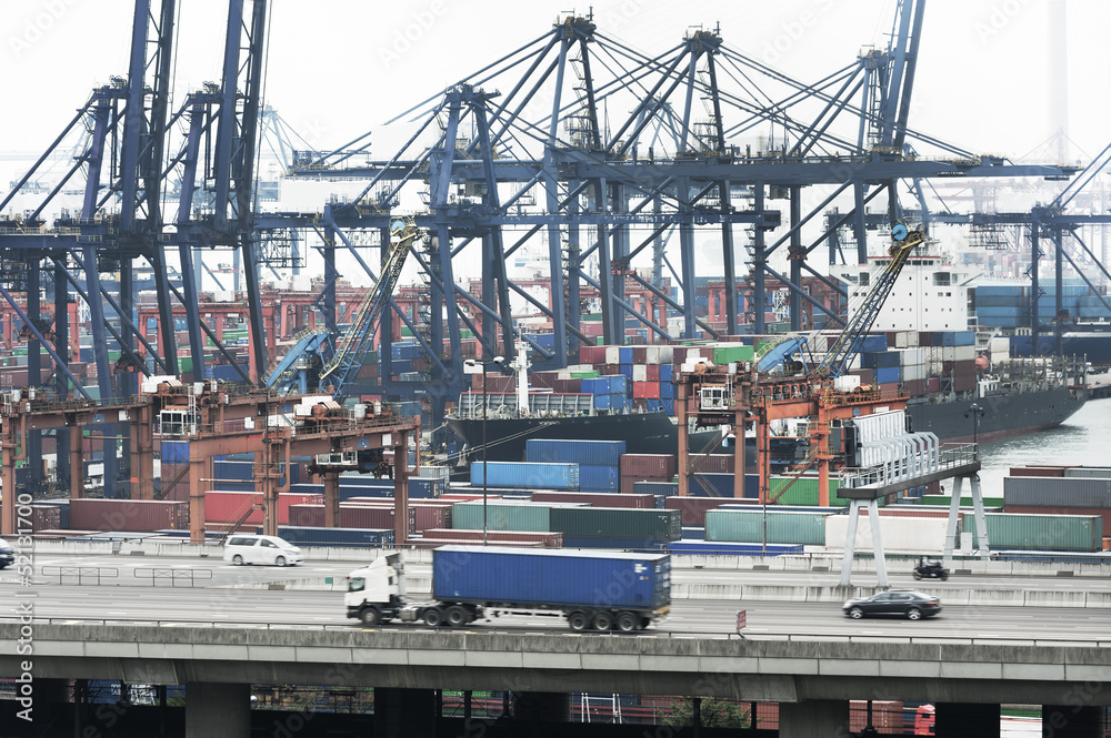 Naklejka premium container port and highway in Hong Kong