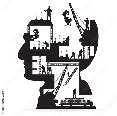 Building construction with workers in sIlhouette of head