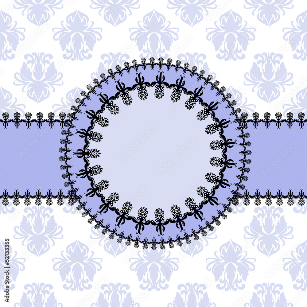 round frame with a ribbon on a background of floral pattern