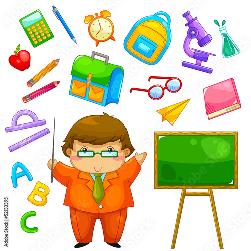 cartoon teacher and items related to school