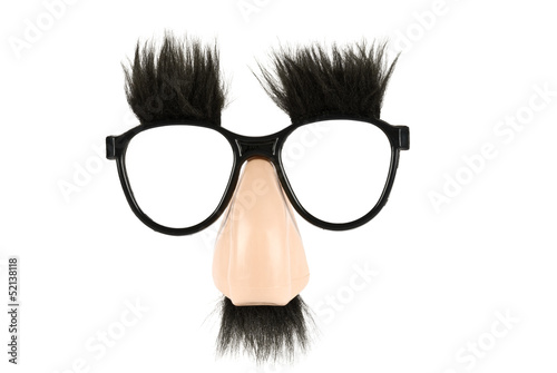 Comical glasses and nose, with mustache and eyebrows on white.