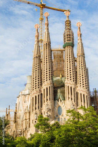 Famous Sagrada Familia cathedral facade in Barcelona, Spain.