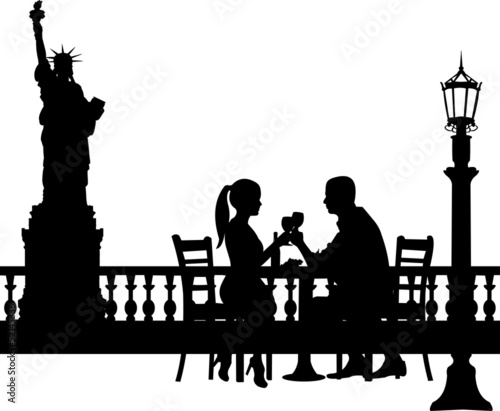Romantic couple in New York have a dinner silhouette