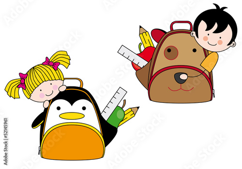 Children with backpacks for school shaped dog and penguin