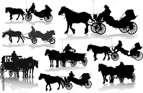 Set of 8 silhouettes of a horse put to a cart