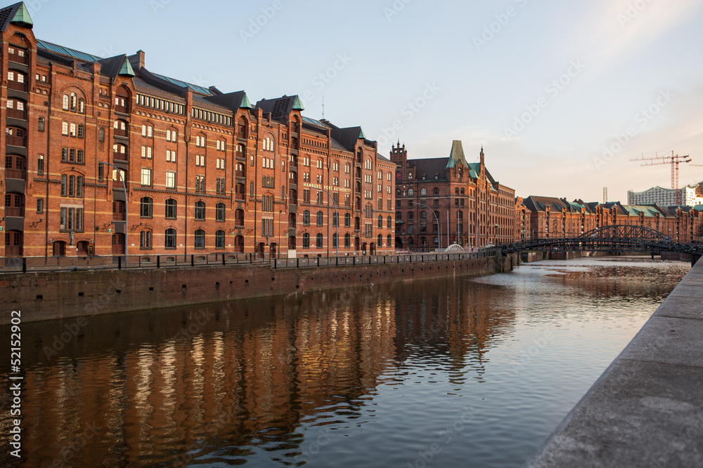 View into a channel at the Speicherstadt