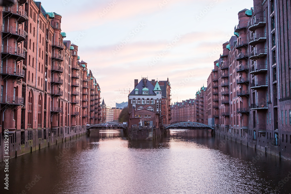 Historic Speicherstadt (houses and bridges) in Hamburg