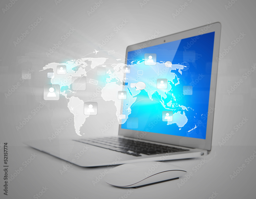 Social networking concept : Laptop with social network on world Social networking concept : Laptop with social network on world