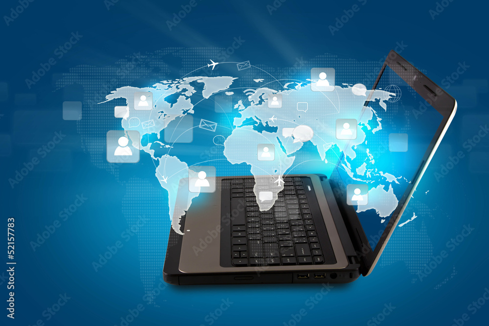Social networking concept : Laptop with social network on world Social networking concept : Laptop with social network on world