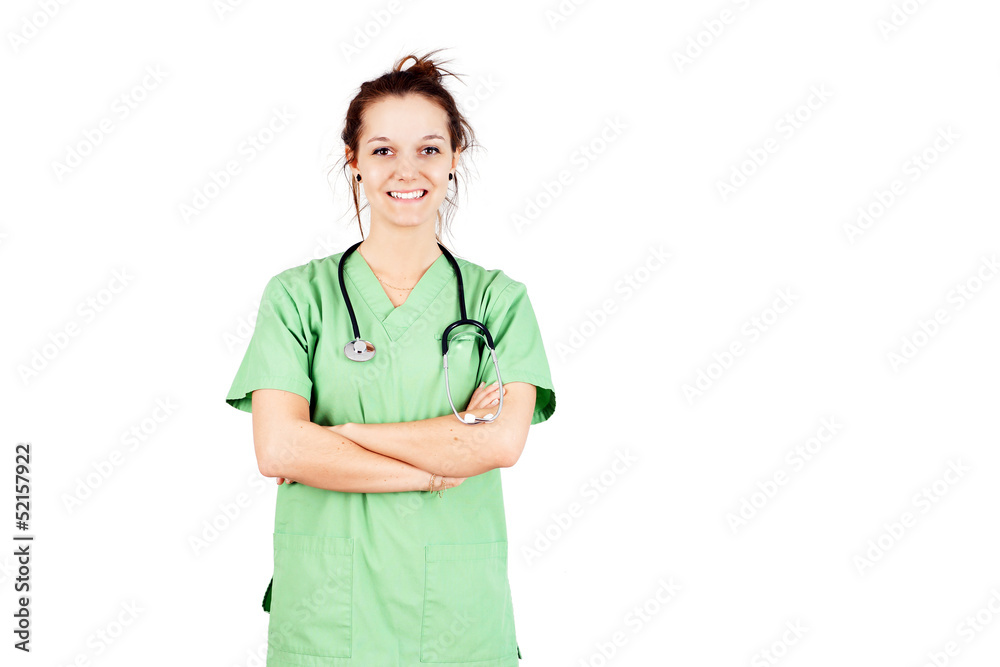 Young woman in green scrubs smiling Young woman in green scrubs smiling