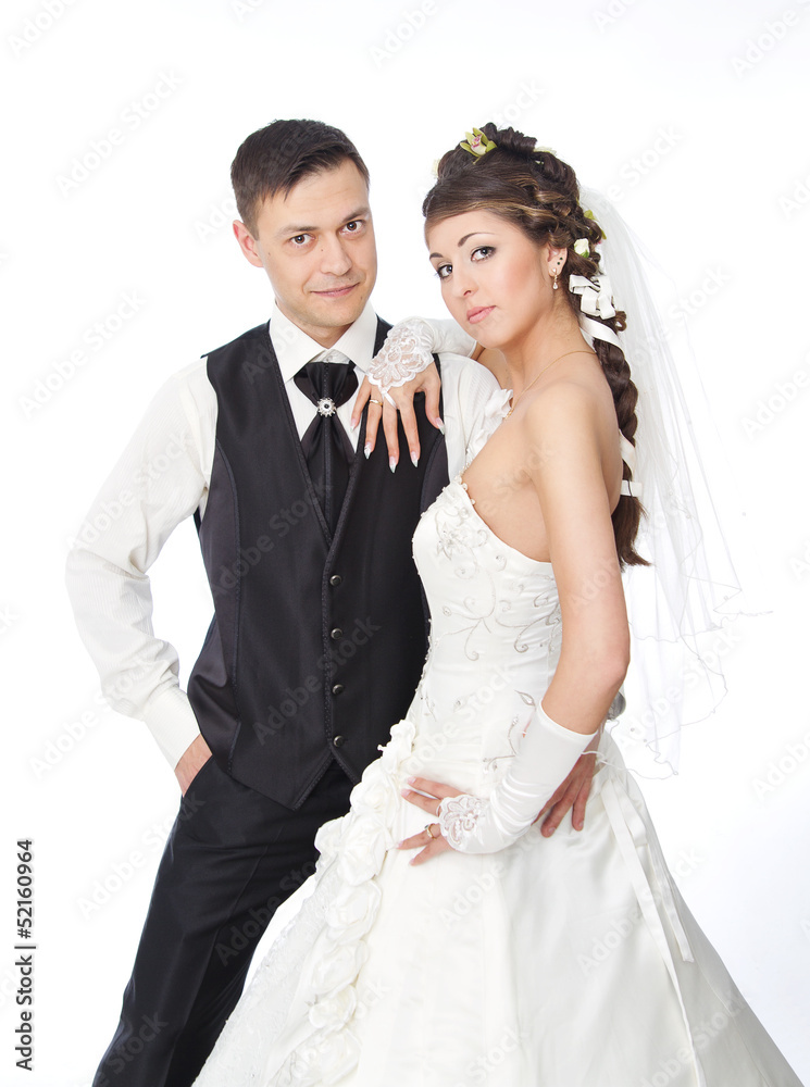 Wedding couple, Beautiful bride and groom over white background