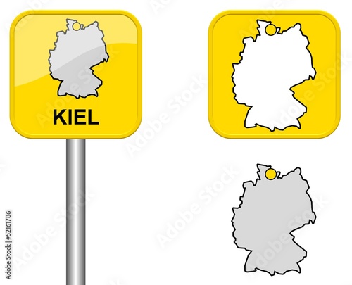 Kiel - Ortsschild, Button und Deutschlandkarte
