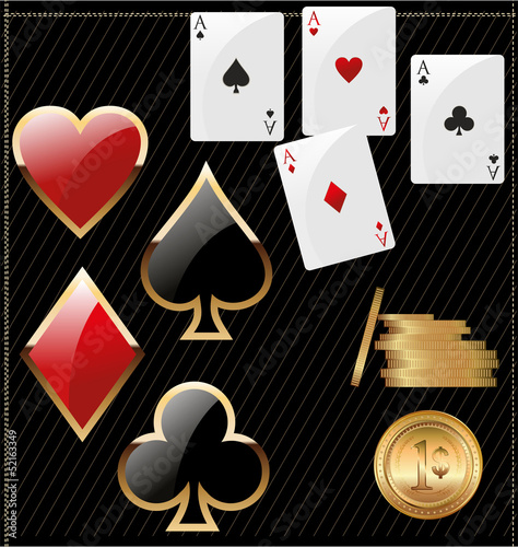 Set of shiny card suit icons and golden poker chips
