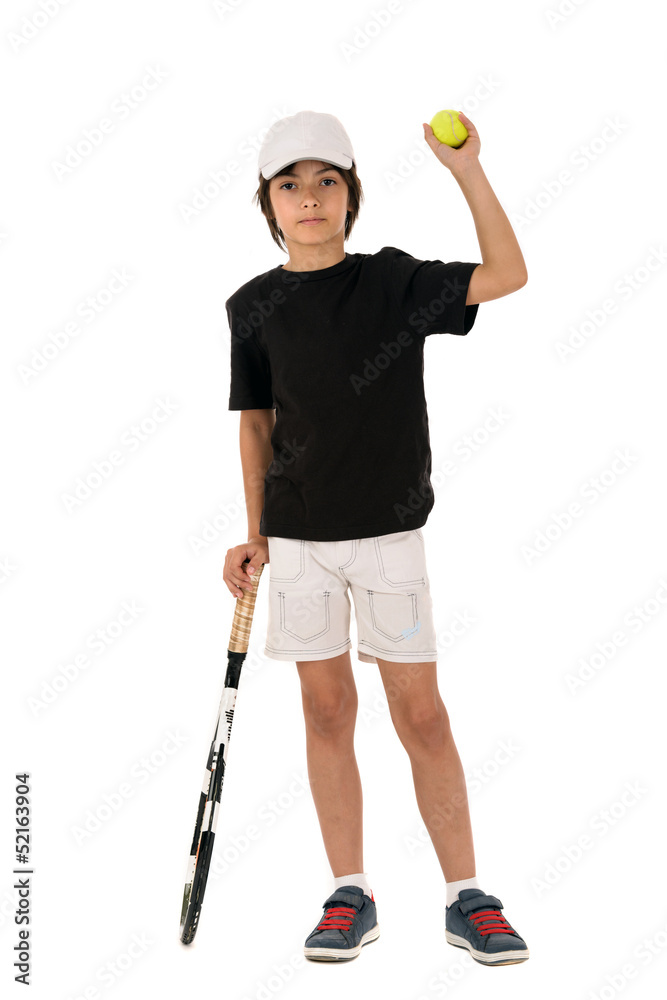 portrait of a handsome boy with a tennis racket isolated on whit portrait of a handsome boy with a tennis racket isolated on whit