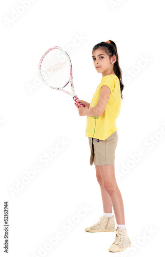 little girl with plays tennis on a white background © czamfir