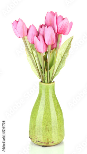 Beautiful bouquet of pink tulips in vase, isolated on white #52164708