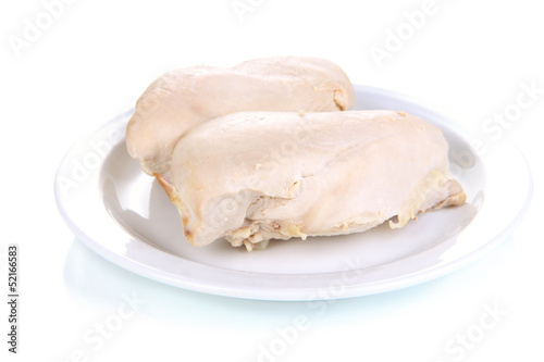 Boiled chicken breast on plate isolated on white