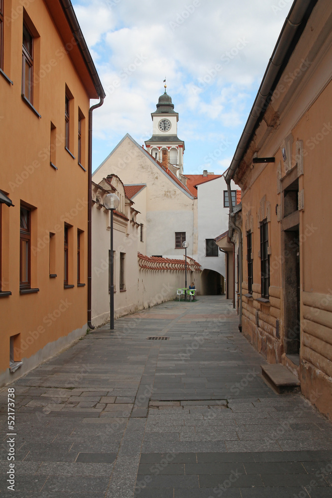 narrow street in Trebon, Czech Republic