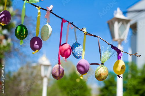 Easter eggs decorated on tree photo