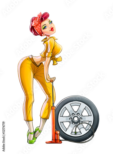 girl auto mechanic pump wheel illustration isolated on white