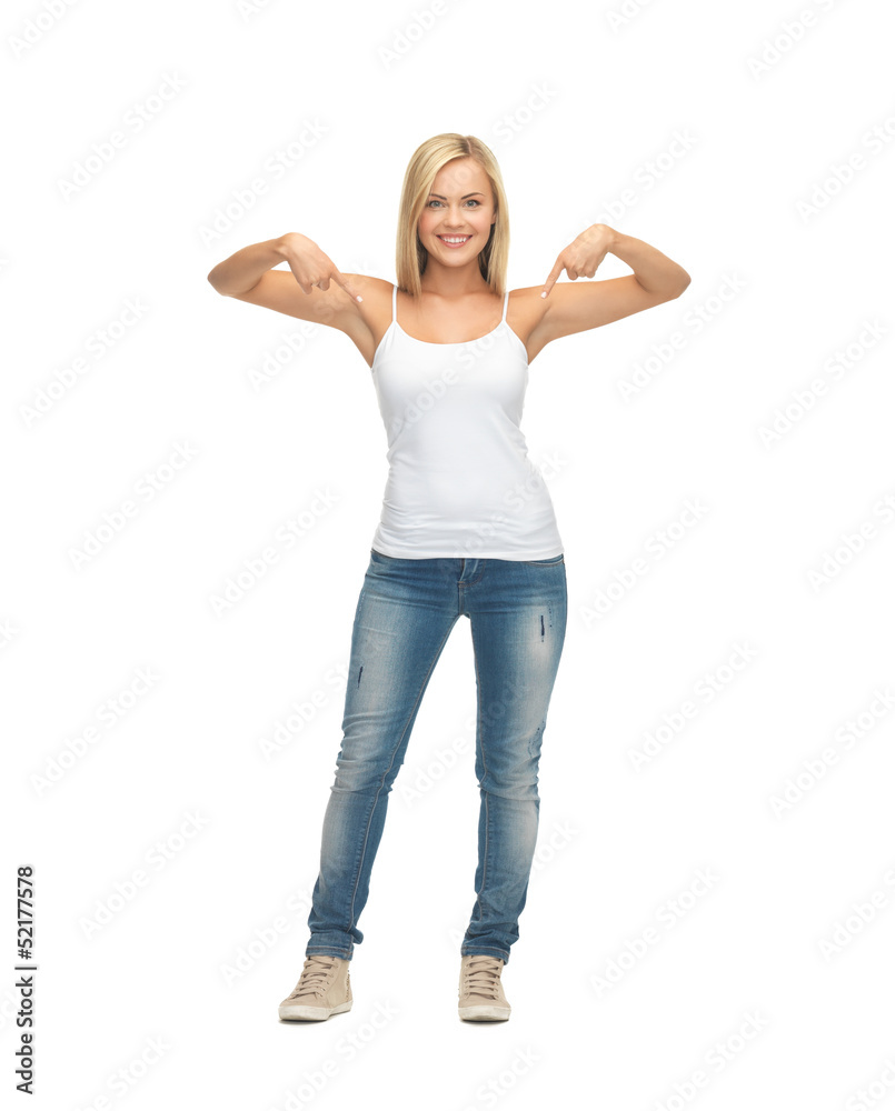 woman in blank white t-shirt pointing at herself woman in blank white t-shirt pointing at herself