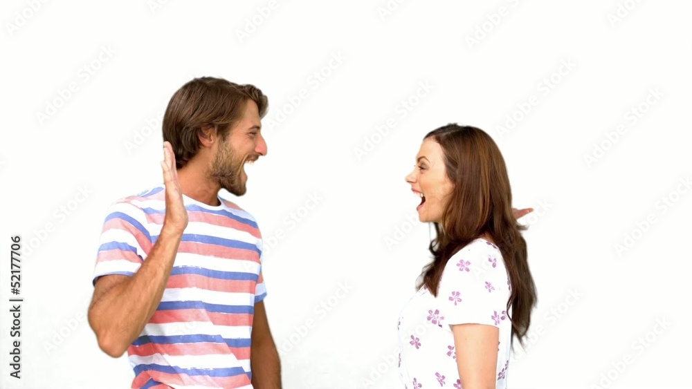 Friends giving high five on white background Friends giving high five on white background