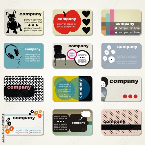 set of 9 detailed business cards on different topics