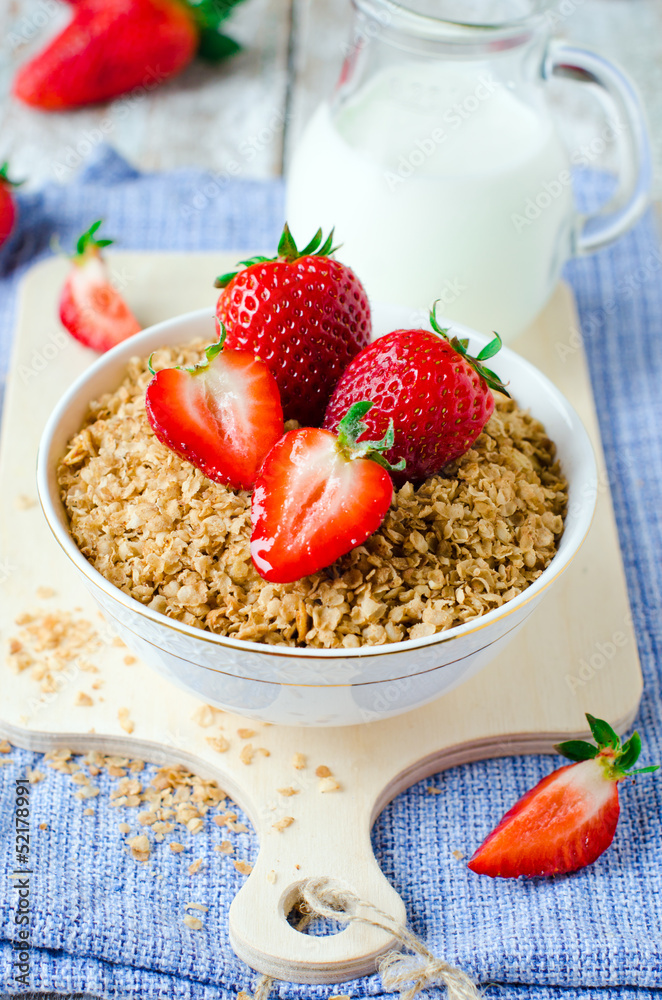 Cereal with strawberries . Breakfast. Cereal with strawberries . Breakfast.